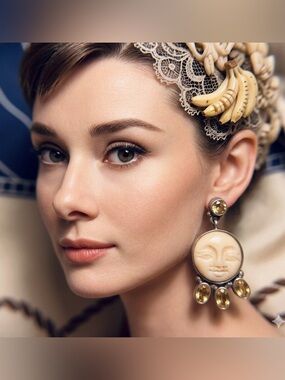 Vintage Earrings Bali Silver Carved Bone Moon Goddess & Citrine Drop